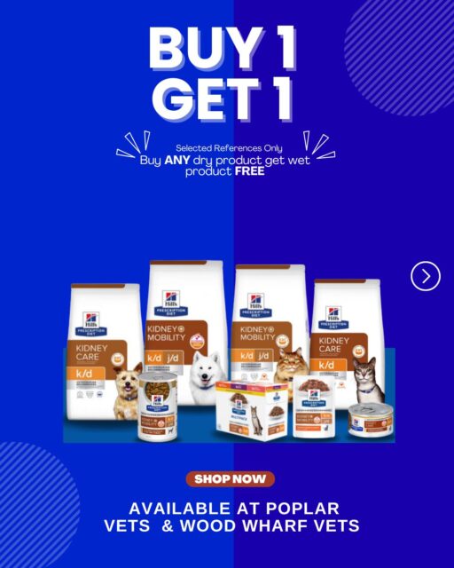 🐾 Amazing Deal Alert at Poplar Vets & Wood Wharf Vets! 🐾 
Buy any bag of Hill's Prescription Diet dry food and get the wet food (box of 12 pouches or cans) FREE!
Support your pet's specific health needs with the best nutrition available. Whether it's for kidney, metabolic, or urinary care, we've got you covered.
This amazing Buy 1 Get 1 FREE offer is available exclusively at Poplar Vets & Wood Wharf Vets.
👉 Swipe to see the full range of products included in this promotion!
📍 Available at Poplar Vets & Wood Wharf Vets.
⏰ Hurry, offer valid while stocks last!

#HillsPrescriptionDiet #PetFoodDeal #BOGO #PoplarVets #WoodWharfVets #LondonDogs #LondonCats #VetRecommended #PetNutrition #HealthyDog #HealthyCat #CanaryWharf #IsleOfDogs #Veterinarian #SpecialOffer #DogsofInstagram #CatsofInstagram #VetUK #HillsPet #hilltransforminglives #vetcouk